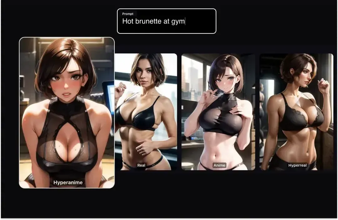 Promptchan AI — style variations: Hyperanime, Real, Anime, Hyperreal for same prompt