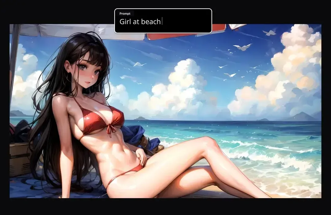 Promptchan AI gallery image view — prompt displayed with Girl at beach result