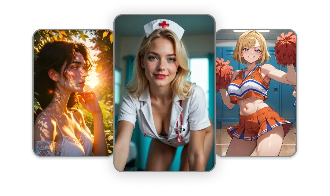 Promptchan AI — multiple styles side-by-side: sunlight, nurse outfit, anime cheerleader