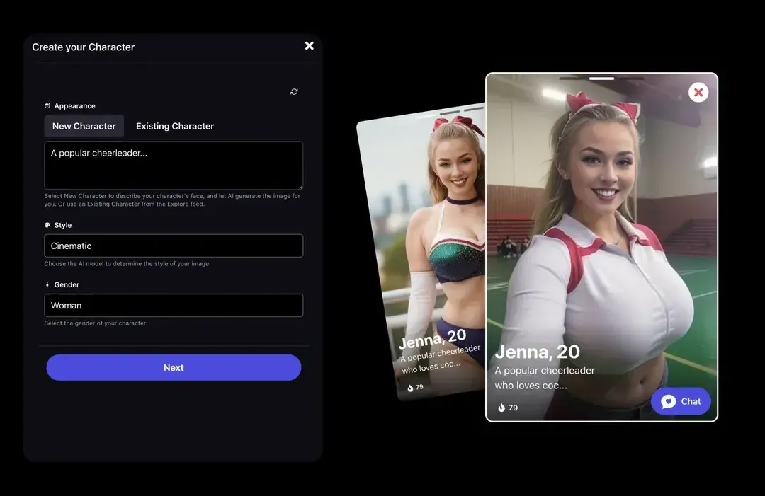 Promptchan AI Character Tool — create your character menu with profile card